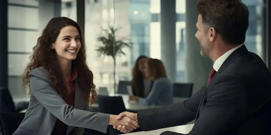 importance of hiring a salesforce service provider for your business A man and woman shaking hands in an office, symbolizing collaboration in hiring a Salesforce service provider.
