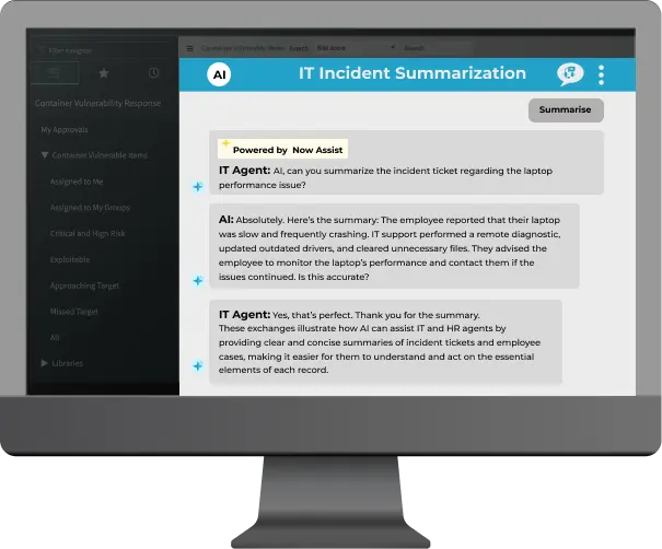 Incident data summarized by Now Assist AI displayed on the monitor.
