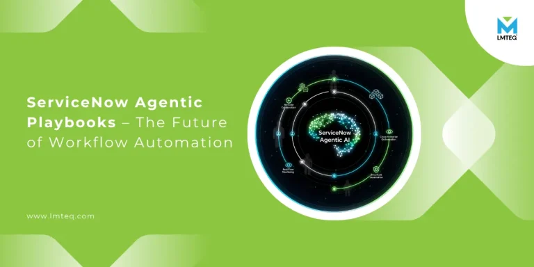 A green graphic features the text ServiceNow Agentic Playbooks – The Future of Workflow Automation beside a circular digital diagram. The LMTEQ logo appears at the top right, with www.lmteq.com at the bottom left.