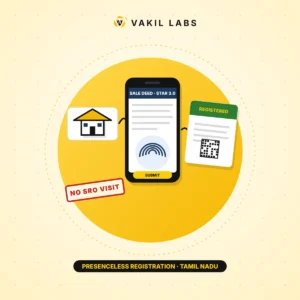 Presenceless registration in Tamil Nadu illustration: online sale deed, Aadhaar fingerprint and QR-coded registered document, no Sub-Registrar visit